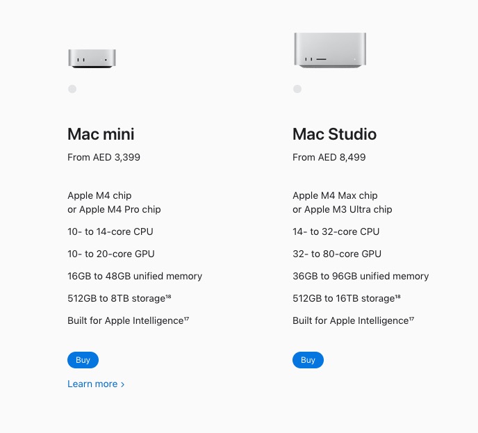 Apple UAE Mac Studio configuration page showing "36GB to 96GB unified memory" as the available range