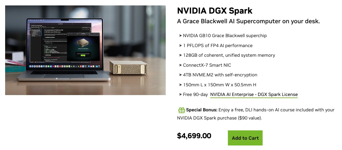 NVIDIA DGX Spark product page showing the GB10 Grace Blackwell superchip with 128GB of coherent unified system memory